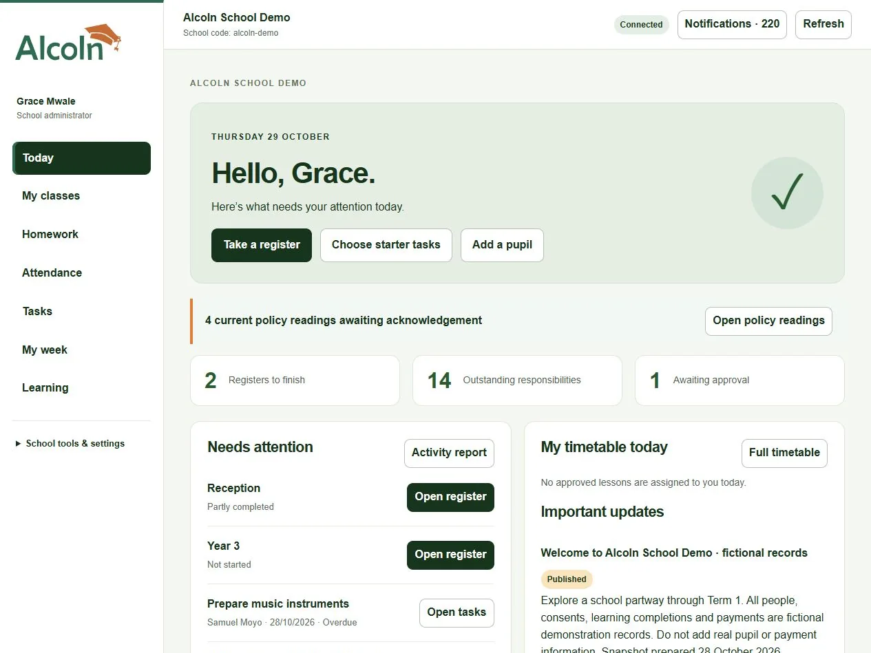 Actual Alcoln School Demo administrator view showing daily priorities and school records