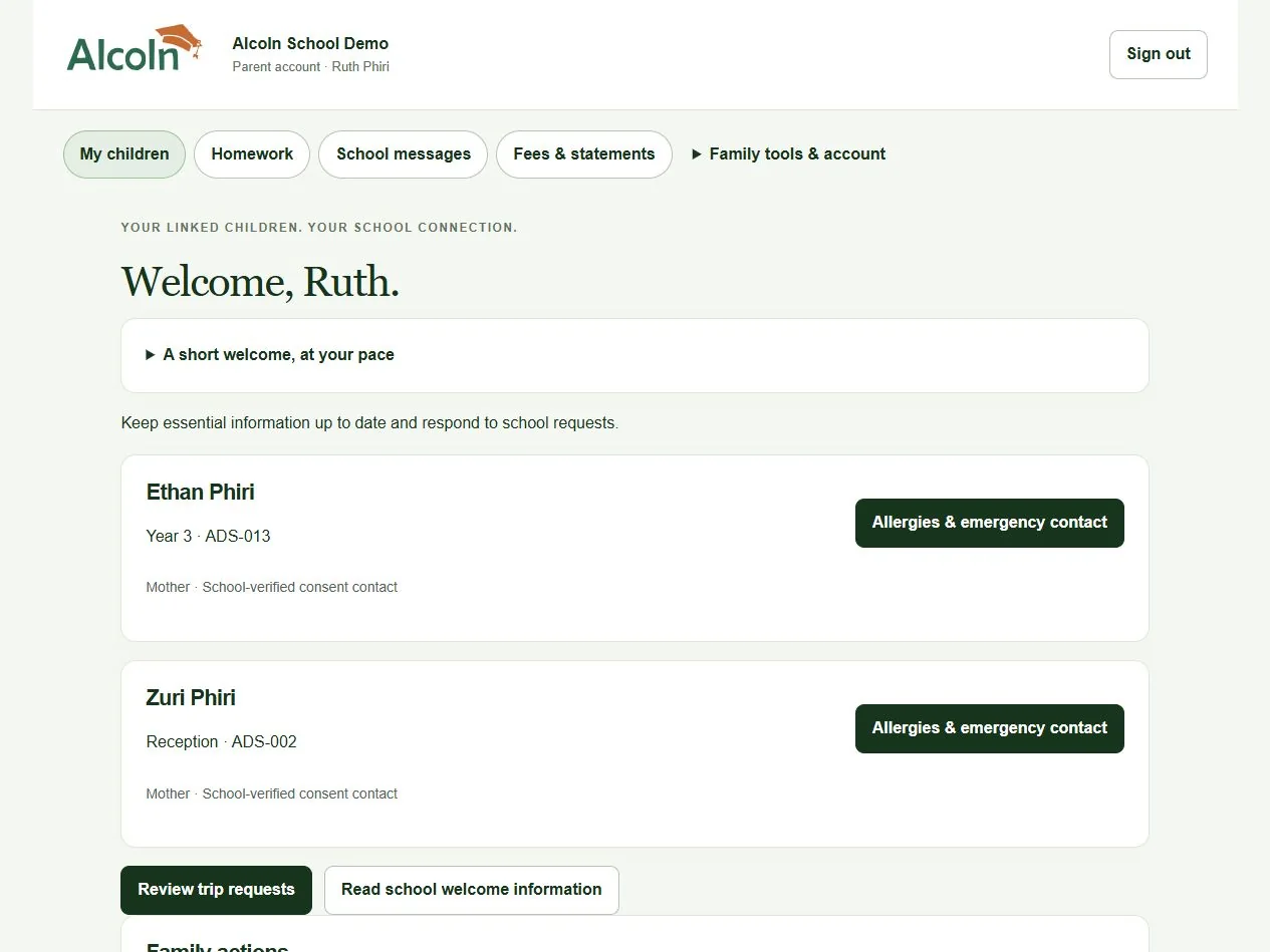 Actual Ruth Phiri parent view showing her linked children in Alcoln School Demo
